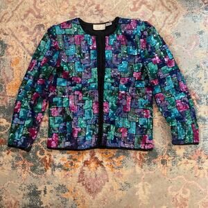 Vintage 80s multicolored sequin silk jacket / blazer